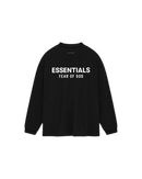 Achterzijde van de Fear of God Essentials Jersey Long Sleeve T-Shirt Black met groot wit Essentials logo en seizoensopdruk FW24