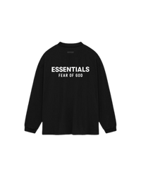 Achterzijde van de Fear of God Essentials Jersey Long Sleeve T-Shirt Black met groot wit Essentials logo en seizoensopdruk FW24