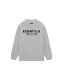 Achterzijde van de Fear of God Essentials Jersey Long Sleeve T-Shirt Light Heather Gray met groot Essentials logo in zwart over de rug