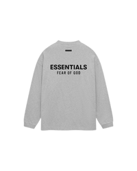 Achterzijde van de Fear of God Essentials Jersey Long Sleeve T-Shirt Light Heather Gray met groot Essentials logo in zwart over de rug
