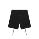 Fear of God Essentials Limo Black shorts flat lay highlighting relaxed fit, tonal logo and minimalist drawstring design.