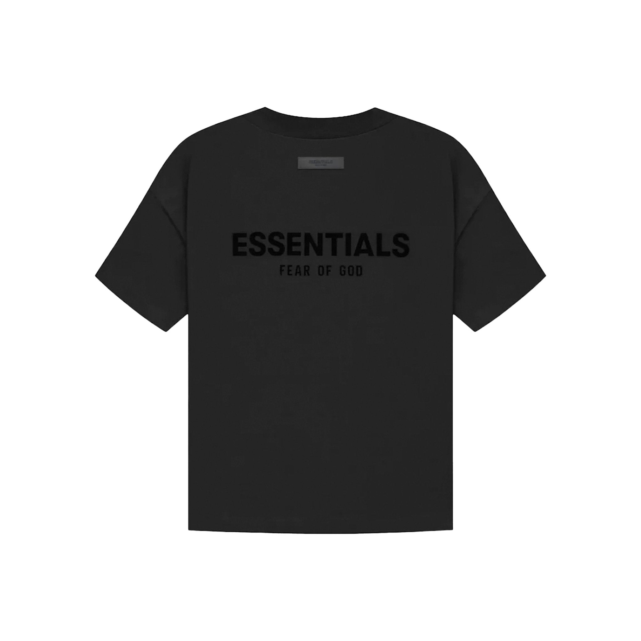 Back view of Fear of God Essentials Limo Black T-shirt featuring oversized Essentials graphic and loose fit design.