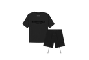 Fear of God Essentials Limo Black Summer Set with short sleeve T-shirt and shorts displayed flat on neutral studio background.