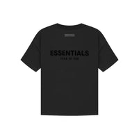 Back view of Fear of God Essentials Limo Black T-shirt featuring oversized Essentials graphic and loose fit design.
