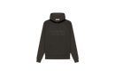 Fear of God Essentials Off Black Hoodie flat lay showing washed black tone, soft cotton fabric and subtle Essentials chest logo.