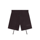 Fear of God Essentials Plum shorts flat lay highlighting minimal branding, elastic waistband and lightweight cotton texture.