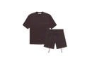 Fear of God Essentials Plum Summer Set with short sleeve T-shirt and shorts displayed flat on neutral studio background.