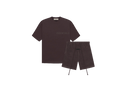 Fear of God Essentials Plum Summer Set with short sleeve T-shirt and shorts displayed flat on neutral studio background.