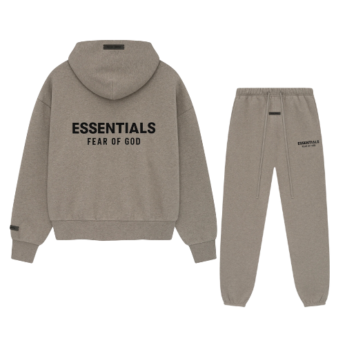 Fear of God Essentials SS25 Homestead Heather full set with hoodie and sweatpants displayed flat on clean beige background.
