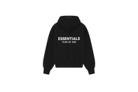 Fear of God Essentials SS25 Jet Black Hoodie flat lay showing deep black tone, soft cotton fleece and minimalist chest logo.