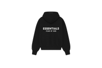 Fear of God Essentials SS25 Jet Black Hoodie flat lay showing deep black tone, soft cotton fleece and minimalist chest logo.