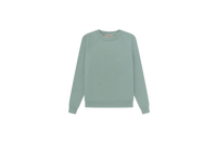 Fear of God Essentials Sycamore Sweater flat lay showing muted green tone, soft knit texture and minimalist Essentials chest logo.