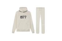 Fear of God Essentials Wheat 1977 full set with hoodie and sweatpants shown flat on clean light background.