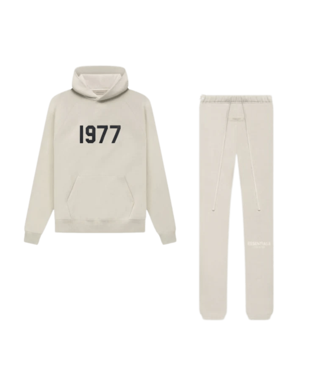 Fear of God Essentials Wheat 1977 full set with hoodie and sweatpants shown flat on clean light background.