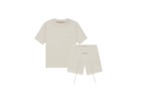 Fear of God Essentials Wheat Summer Set with short sleeve T-shirt and shorts displayed flat on neutral beige background.