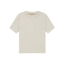 Fear of God Essentials Wheat T-shirt front view highlighting tonal logo print and premium relaxed fit.
