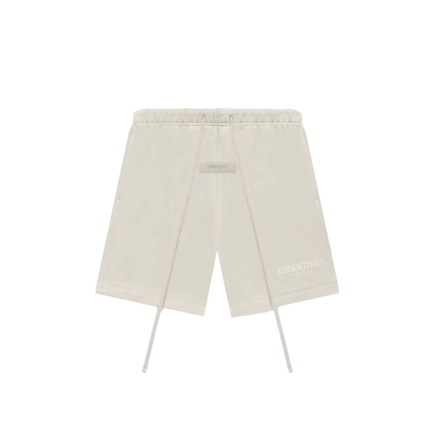 Fear of God Essentials Wheat shorts flat lay featuring minimalist design, elastic waistband and tonal Essentials logo.