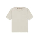 Fear of God Essentials Wheat T-shirt front view highlighting tonal logo print and premium relaxed fit.