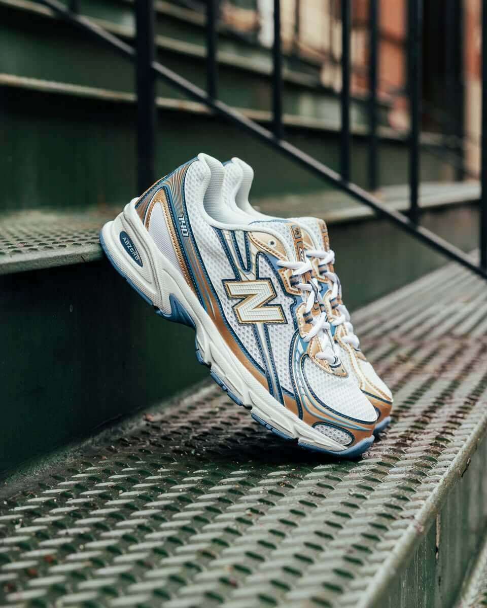 Detail van de Heron Blue overlays en NB branding van de 740v2 – retro flair en moderne afwerking via Snrkickz