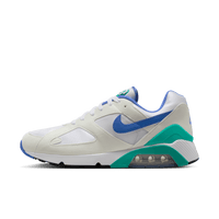 Nike Air 180 White Medium Blue Clear Jade met witte mesh upper, blauwe Swoosh en jadegroene accenten, zijaanzicht van de retro runner exclusief bij Snrkickz.