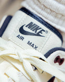 Bovenaanzicht van de Air Max 1 Coconut Milk met mesh toebox, crèmekleurige basis en donkerrrode details rond de kraag