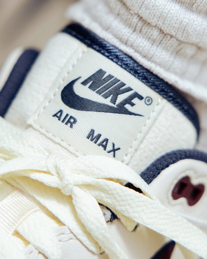 Bovenaanzicht van de Air Max 1 Coconut Milk met mesh toebox, crèmekleurige basis en donkerrrode details rond de kraag