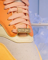 Close-up van de veterpartij met gouden lace lock en suède toebox, benadrukt door het frost-thema in de achtergrond