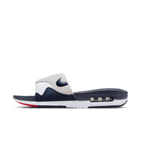 Nike Air Max 1 Slide Obsidian University Red FJ4007-400 – front view met klassieke colorblocking, gestikte strap en zichtbare Air-unit in de zool