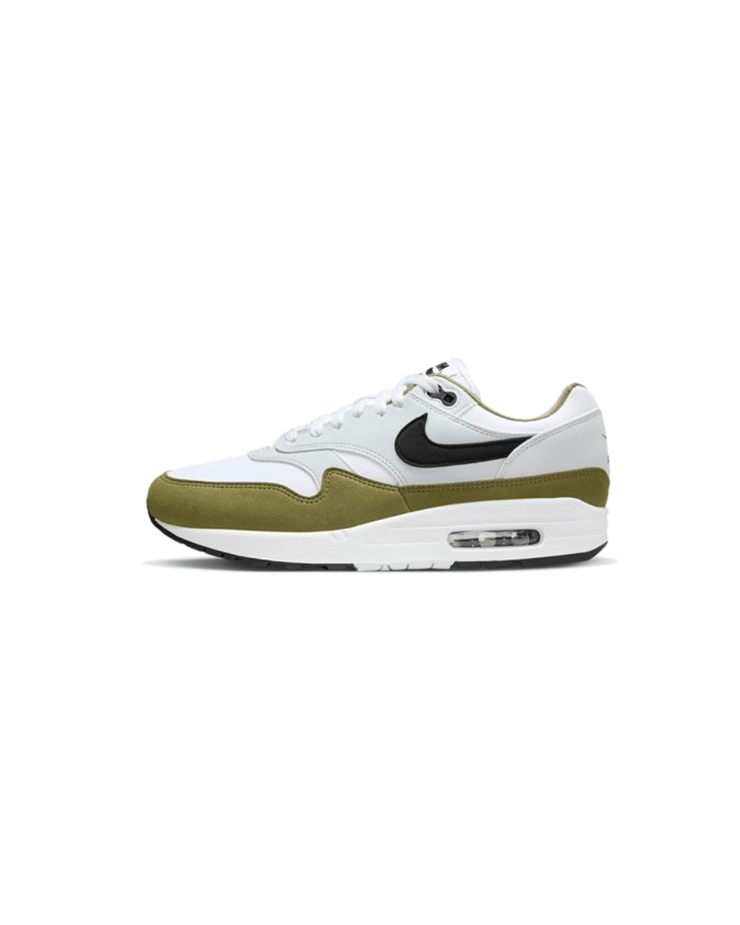Nike Air Max 1 White Black Medium Olive – zijkant met olijfgroene mudguard en zwart-witte colorblocking, verkrijgbaar bij Snrkickz