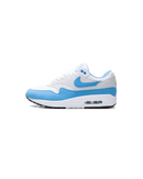 Nike Air Max 1 White Nike Air Max 1 White University Blue zijkant met lichtblauwe mudguard en witte mesh, verkrijgbaar bij Snrkickz