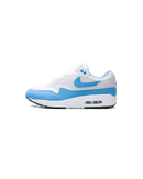 Nike Air Max 1 White Nike Air Max 1 White University Blue zijkant met lichtblauwe mudguard en witte mesh, verkrijgbaar bij Snrkickz