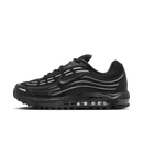 Zijaanzicht van de Nike Air Max TL 2.5 in zwart met metallic silver details, zichtbare Air-unit in de zool en reflectieve upper tegen witte achtergrond