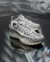 Nike P-6000 Flat Pewter FN7509-029 gedragen op straat in daglicht, combinatie van grijs en zilver zorgt voor een strakke en sportieve look, vastgelegd in urban setting door Snrkickz.