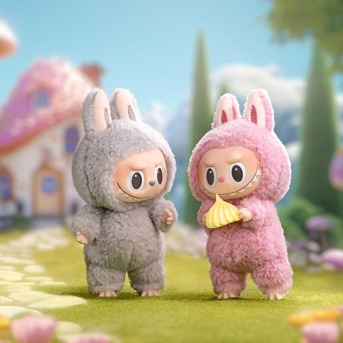 Pop Mart Labubu Tasty Macarons – close‑up op het gezicht en macaron‑motief, scherpe details en glad vinyl oppervlak