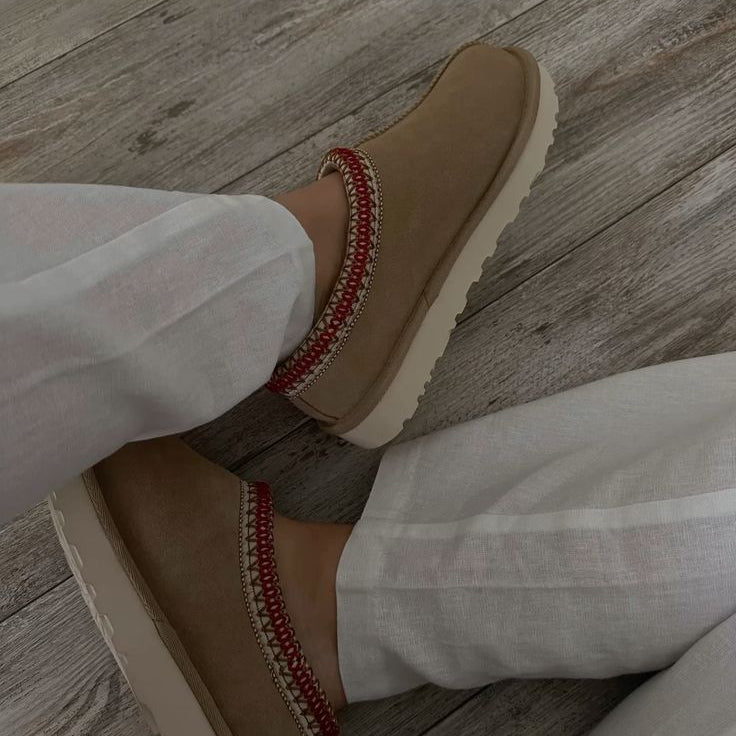 UGG Tasman II Slipper Sand Dark Cherry (Women's) 1174470-SDDR  Sand/Dark Cherry Snrkickz on feet